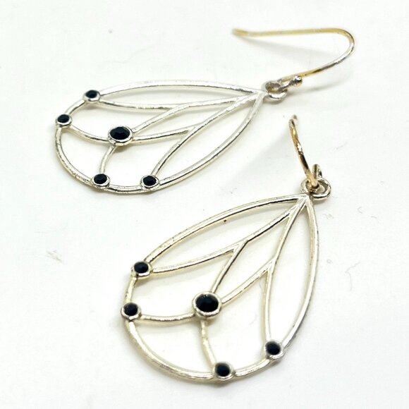 ART NOUVEAU STYLE BLACK GLASS STERLING SILVER DANGLE DROP HOOP EARRINGS 925 - Picture 8 of 10